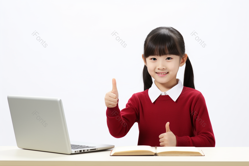 红色毛衣扎着马尾的小女孩坐在桌子前看平板电脑学习,高清,摄影图,摄影图片,图片大全,摄影图免费下载